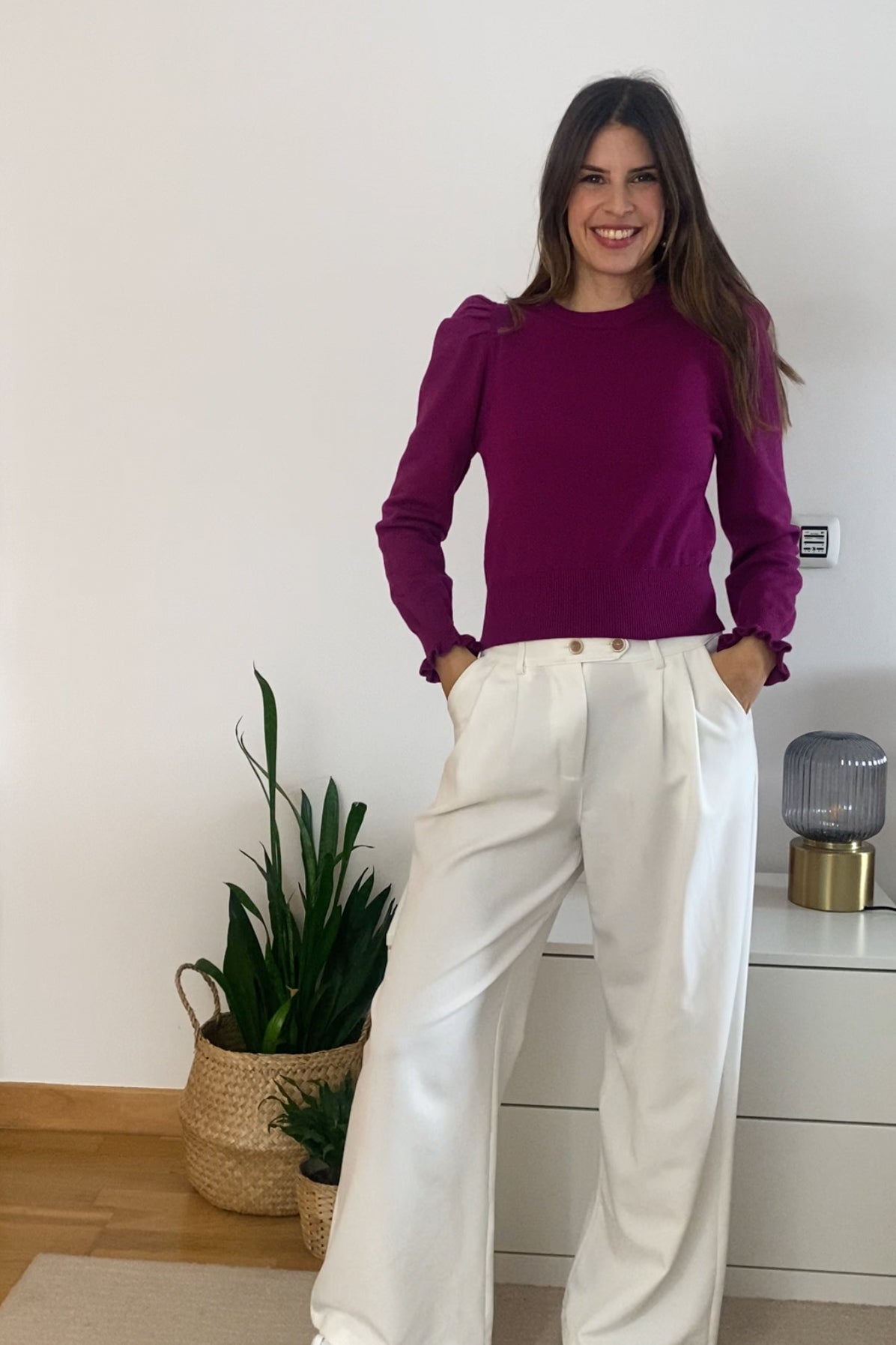 Camisola de malha com folhos beringela
