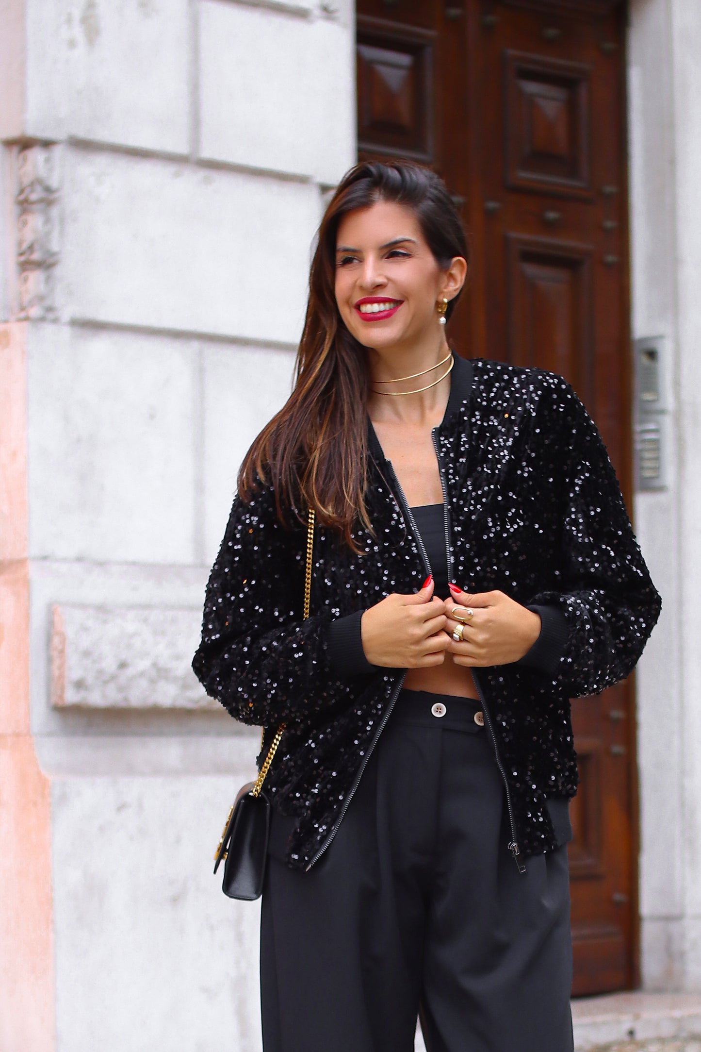 Casaco bomber com lantejoulas preto