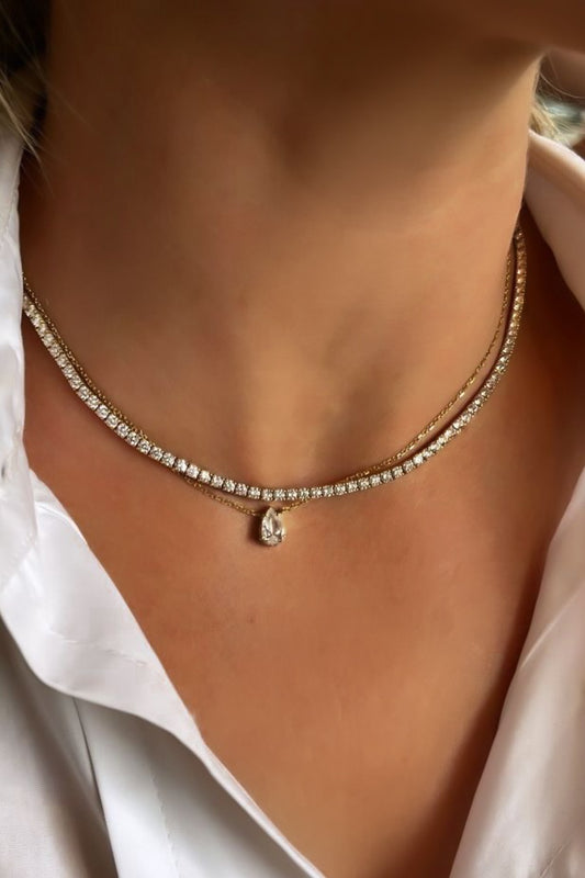 Conjunto brilhantes e colar pedra em aço inoxidável